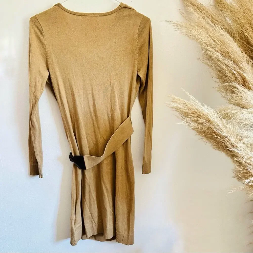 MK MICHAEL KORS Cream Tan Brown Leather Buckle Belt Cowl Neck Sweater Dress S